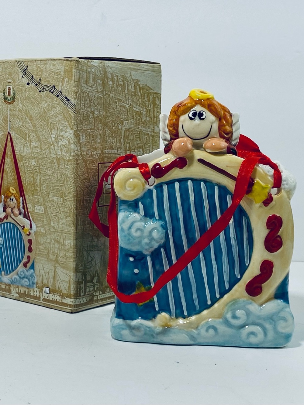 Holiday Ceramic Angel Harp Rectangle Hanging Basket & Box NIB